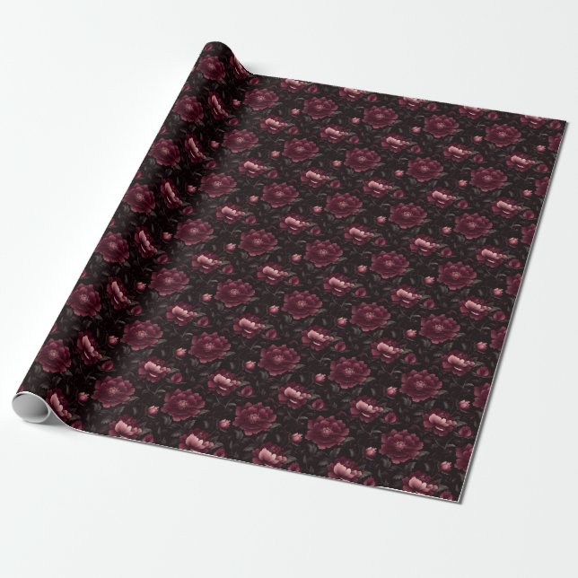 Dark Pink Flowers on Black Wrapping Paper (Unrolled)