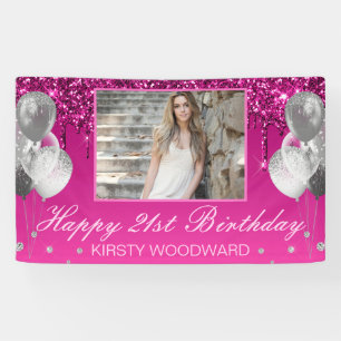Dark Pink Glitter with Silver Balloons Birthday Banner