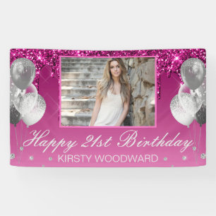 Dark Pink Glitter with Silver Balloons Birthday  Banner