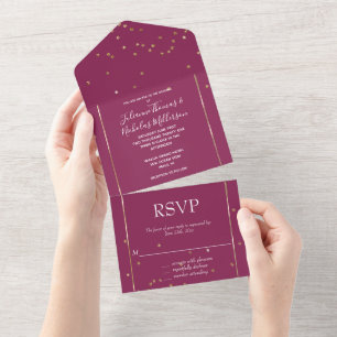 Dark Pink Gold Glam Confetti Wedding All In One Invitation