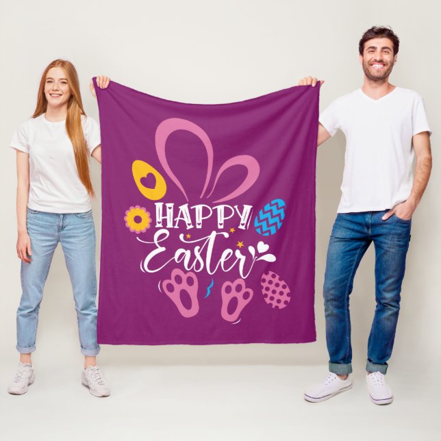 Dark Pink Happy Easter Cute Bunny With Easter Eggs Fleece Blanket (In Situ)