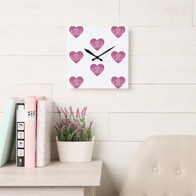 Dark Pink Hearts and Elegant Filigree Design Square Wall Clock (Reading Room)