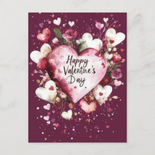 Dark pink Hearts and roses Valentine's Greeting Postcard