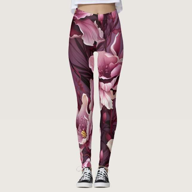 Dark Pink Orchids Pattern Leggings (Front)