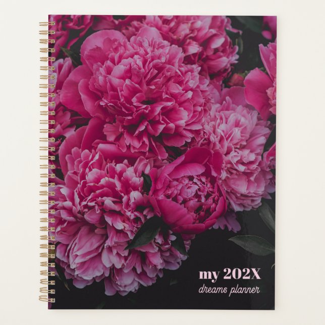 Dark Pink Peony Dreams custom text & initials Planner (Front)