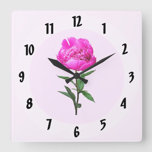 Dark Pink Peony Square Wall Clock (Front)