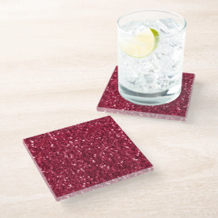 Dark pink red magenta faux sparkles glitters glass coaster
