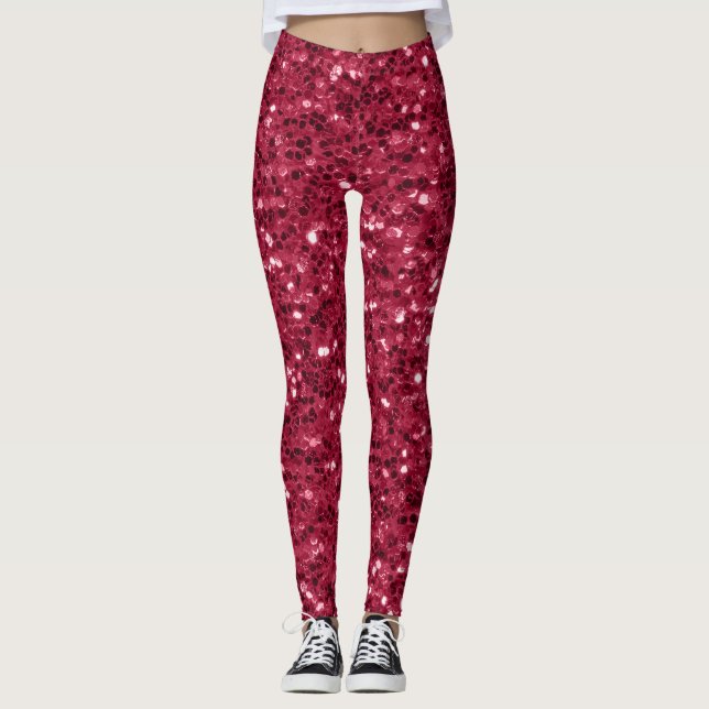 Dark pink red magenta faux sparkles glitters leggings (Front)