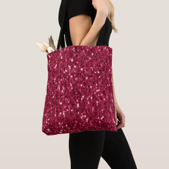 Dark pink red magenta faux sparkles glitters tote bag (Close Up)