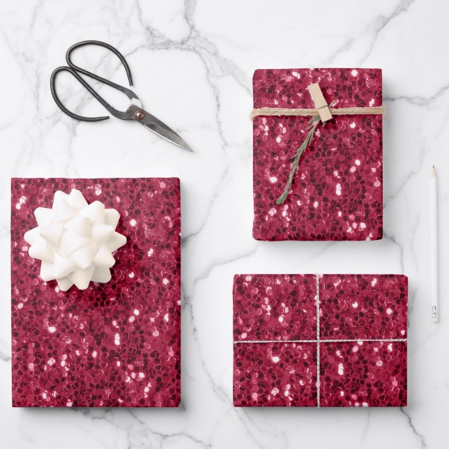 Dark pink red magenta faux sparkles glitters wrapping paper sheet (Front)