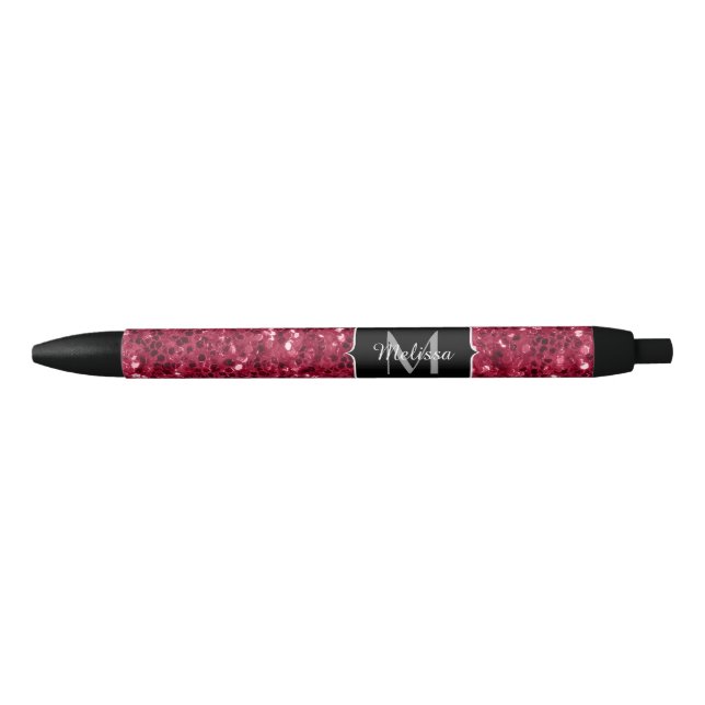 Dark pink red magenta faux sparkles Monogram Black Ink Pen (Front)