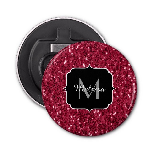 Dark pink red magenta faux sparkles Monogram Bottle Opener (Front)