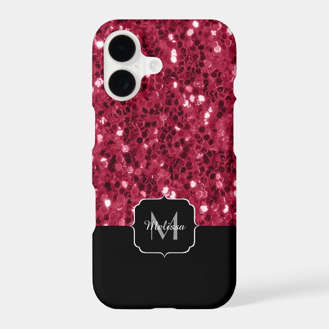 Dark pink red magenta faux sparkles Monogram iPhone Case (Back)