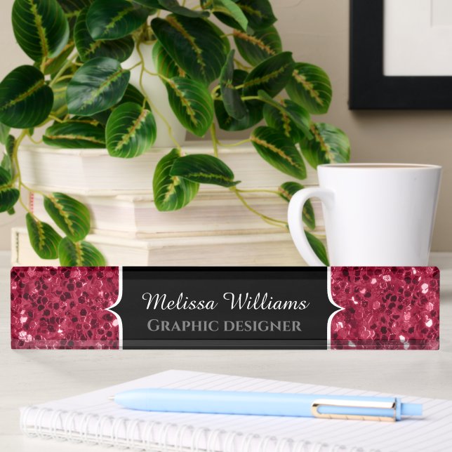 Dark pink red magenta faux sparkles Monogram Nameplate