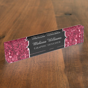 Dark pink red magenta faux sparkles Monogram Nameplate