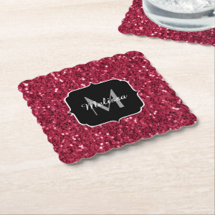 Dark pink red magenta faux sparkles Monogram Paper Coaster