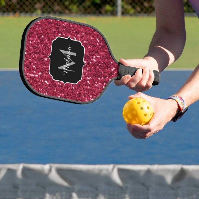 Dark pink red magenta faux sparkles Monogram Pickleball Paddle (Insitu)