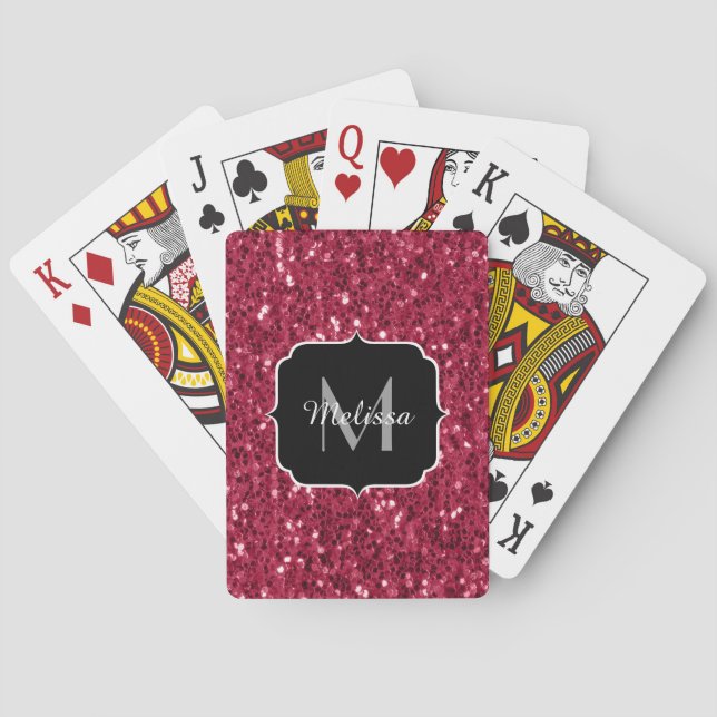 Dark pink red magenta faux sparkles Monogram Playing Cards (Back)