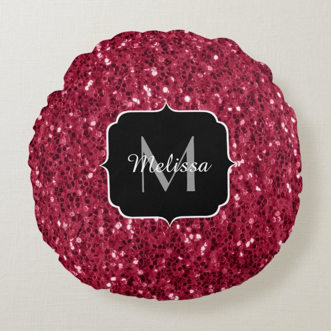 Dark pink red magenta faux sparkles Monogram Round Cushion (Front)