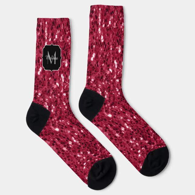 Dark pink red magenta faux sparkles Monogram Socks (Right)