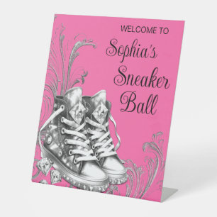 Dark Pink Sneaker Ball Welcome Table Pedestal Sign