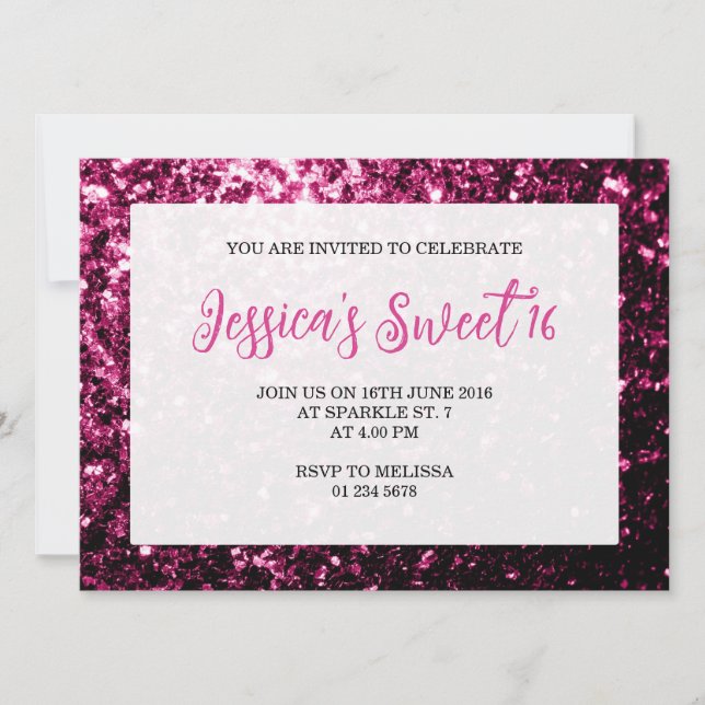 Dark pink sparkles glitter Sweet 16 elegant script Invitation (Front)