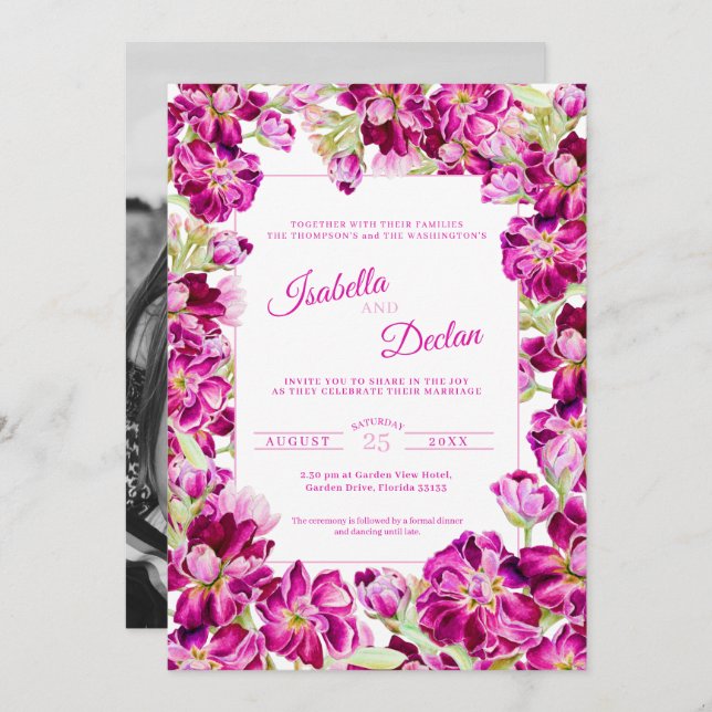 Dark pink stock floral frame watercolor wedding  invitation (Front/Back)