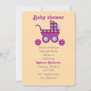 Dark pink stroller, pink flowers baby girl shower invitation