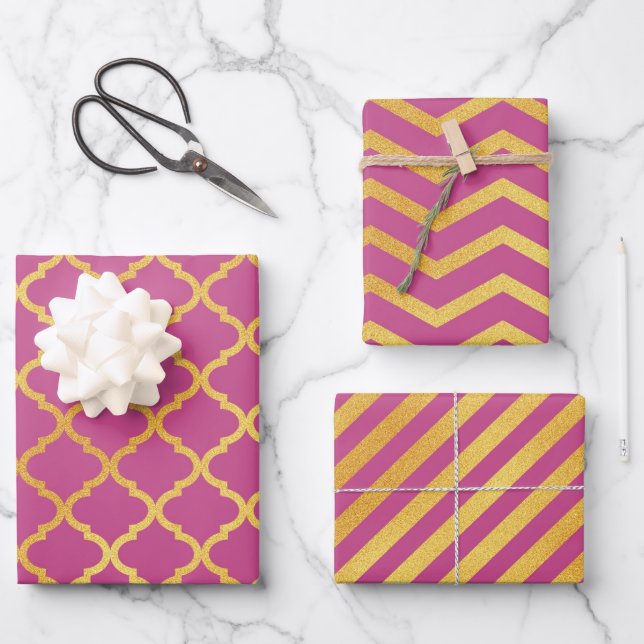 Dark Pink With Gold Colour Patterns Wrapping Paper Sheet (Front)