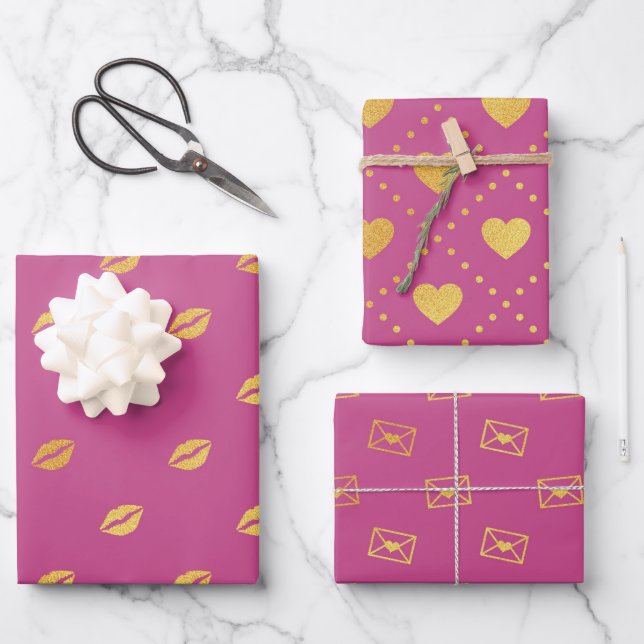 Dark Pink With Gold Colour Patterns Wrapping Paper Sheet (Front)