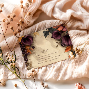 Dark Plum Autumn Floral Wedding RSVP Card