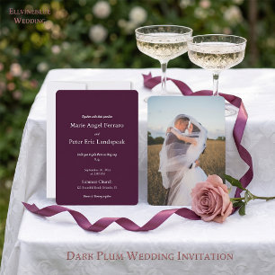 Dark Plum Burgundy Elegant Script Wedding Photo Invitation