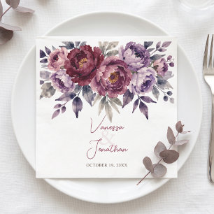 Dark Plum Burgundy Watercolor Floral Wedding Napkin