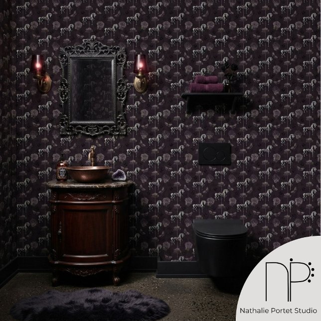 Dark Plum Carousel Skeleton Horse Wallpaper (This Dark Plum Carousel Skeleton Horse Wallpaper features hand-drawn fine-line ink artwork)
