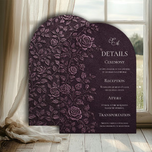 Dark Plum Faux Emboss Rose Wedding Details Invitation
