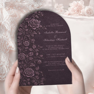 Dark Plum Faux Emboss Rose Wedding   Invitation