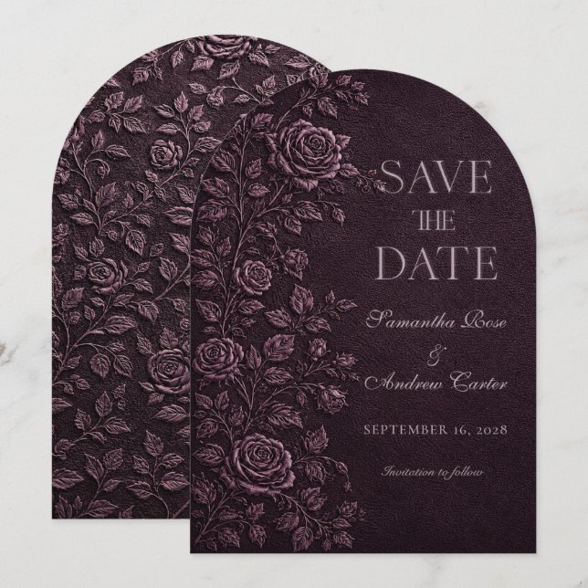 Dark Plum Faux Emboss Rose Wedding Save The Date Invitation (Front/Back)