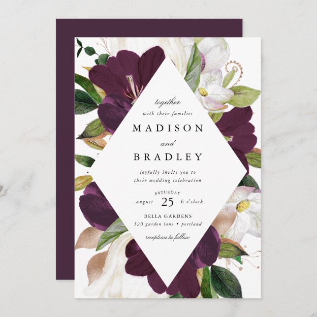 Dark Plum Floral Frame | Wedding Invitation (Front/Back)