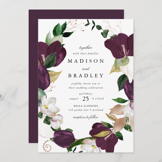 Dark Plum Floral Frame | Wedding Invitation (Front/Back)