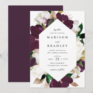 Dark Plum Floral Geometric Frame   Wedding Invitation