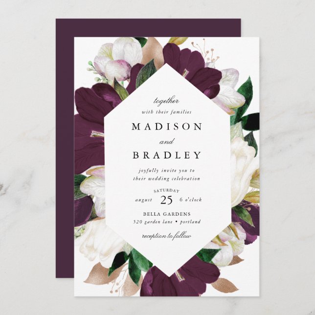 Dark Plum Floral Geometric Frame | Wedding Invitation (Front/Back)