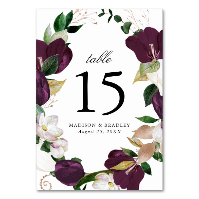 Dark Plum Floral | Personalised Wedding Table Number (Front)