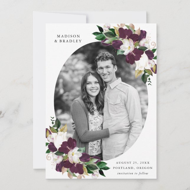 Dark Plum Floral | Photo Save The Date (Front)