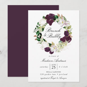 Dark Plum Floral Wreath   Brunch and Bubbly Invitation