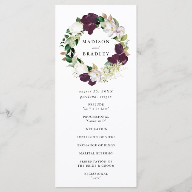 Dark Plum Floral Wreath | Wedding Ceremony Programme (Front)