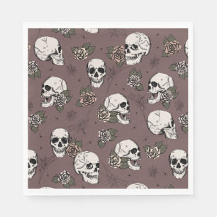 Dark Plum Gothic Skulls and Roses Halloween Napkin