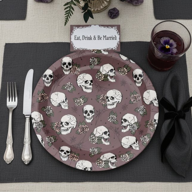 Dark Plum Gothic Skulls and Roses Halloween Paper Plate (Elegant Floral Skulls Halloween Bridal Shower Paper Plates in Plum Purple. Skull Roses, Webs Pattern)