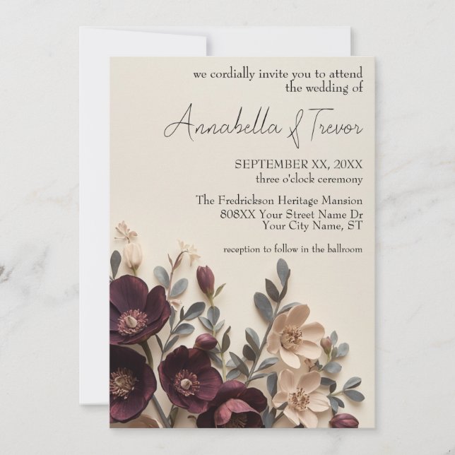 Dark Plum Hellebores & Eucalyptus Moody Floral Invitation (Front)
