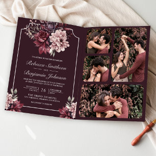 Dark Plum Moody Floral Frame QR Code Wedding Invitation