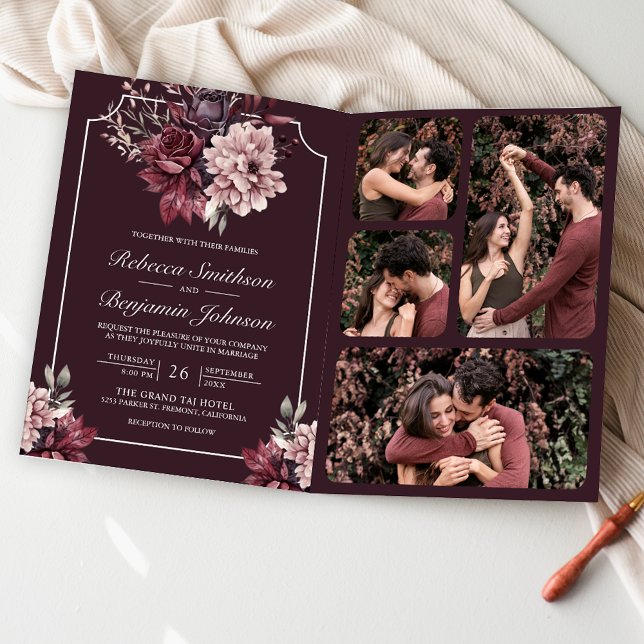 Dark Plum Moody Floral Frame QR Code Wedding Invitation (Creator Uploaded)